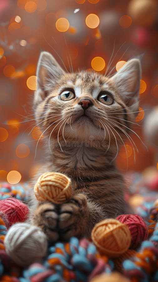 Una scena giocosa con colori di filetti di filato di gatta, palline giocattolo di topi e piume sparse sul pavimento come una. Una scena giocosa con un gattino colorato di filetti di filato di felino con palle giocattolo di topi e piuma sparse per il pavimento mentre un gattino curioso si avvicina con interesse a una ciotola intrigata da un pasto allettante.