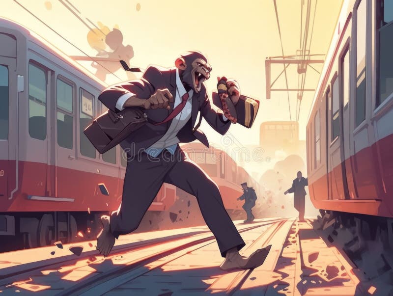 Una scimmia in un abito da lavoro che corre su un treno. immagine generativa ai. illustrazione vettoriale
