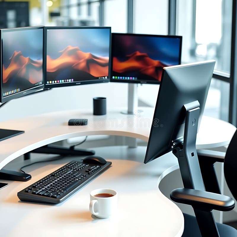 Una scrivania ergonomica con tastiera a più monitor e una tazza di caffè in ufficio, una scrivania ergonomica con tastiera a più monitor e una tazza di caffè in ufficio
