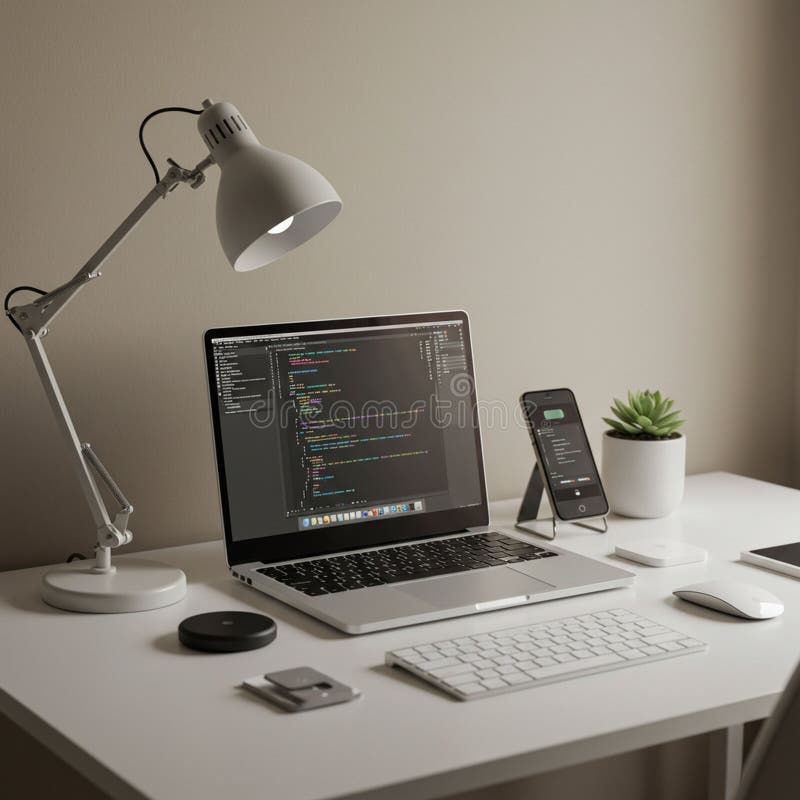 Una scrivania minimalista è dotata di un laptop che visualizza un codice che suggerisce una programmazione royalty illustrazione gratis