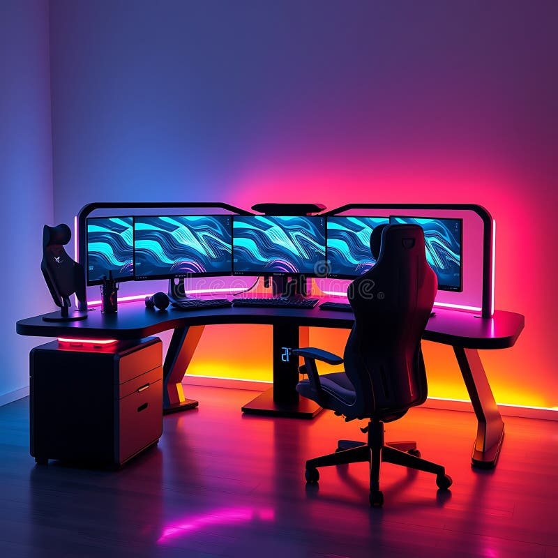 Una scrivania per videogame futuristica con mobili neri eleganti, monitor multipli e accenti di neon illustrazione vettoriale