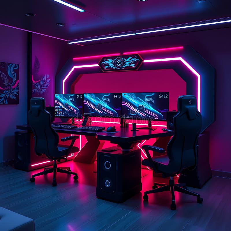 Una scrivania per videogame futuristica con mobili neri eleganti, monitor multipli e accenti di neon illustrazione vettoriale