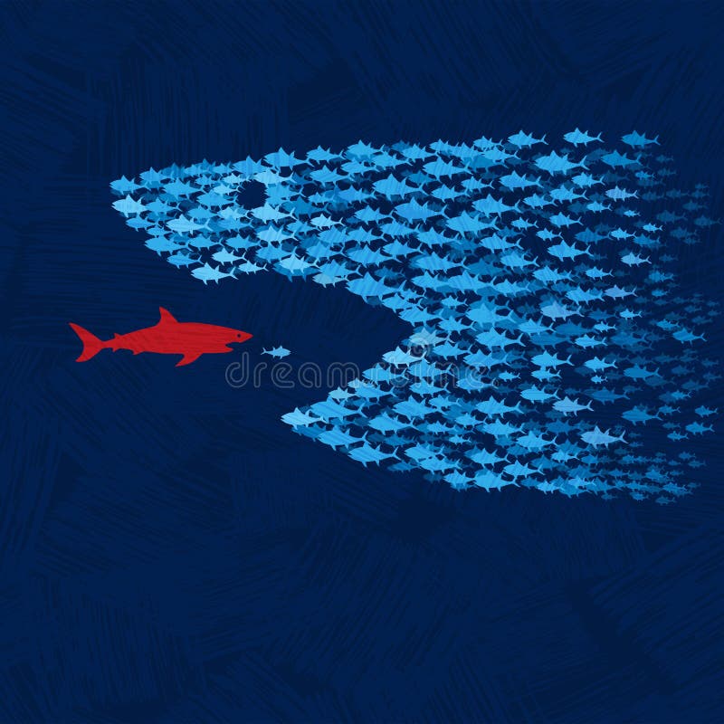 Una scuola di piccoli pesci blu si unisce per sopraffare lo squalo rosso