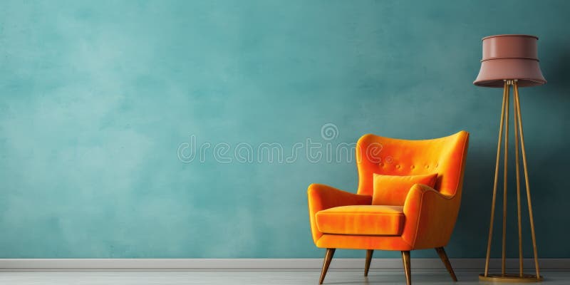 Una sedia a rotelle colorata si aggiunge al decoro di un soggiorno di metà secolo contro un muro vuoto illustrazione vettoriale
