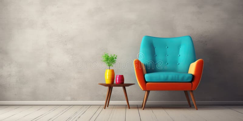 Una sedia a rotelle colorata si aggiunge al decoro di un soggiorno di metà secolo contro un muro vuoto illustrazione di stock