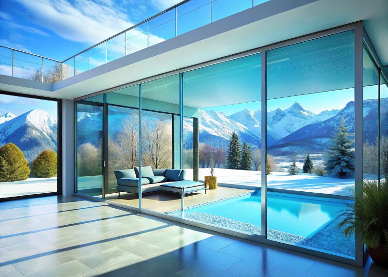 Una serena sala de jardín alpino de diseño minimalista moderno con vistas panorámicas a la montaña y ventanas Sky Blue libre illustration