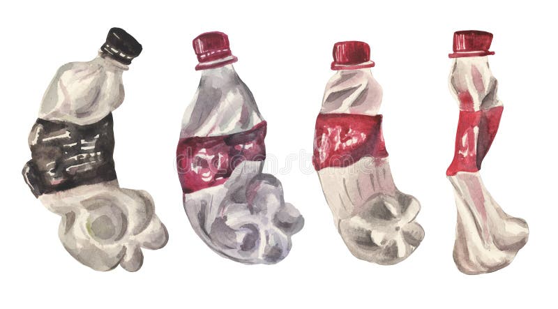 Una serie di acquerelli di quattro bottiglie di plastica compresse sul tema dell'inquinamento ambientale illustrazione vettoriale
