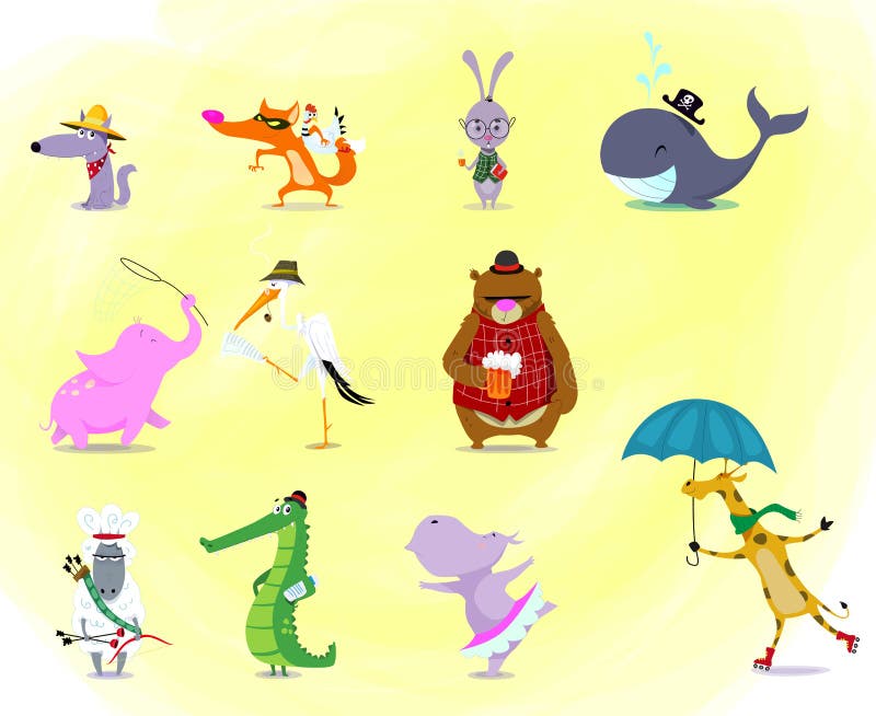 Una serie di animali carini: coccodrillo, lepre, coniglio, orso, ippona, giraffa, pecora, elefante, lupo, balena, volpe, cicogna illustrazione di stock Una serie di animali carini: coccodrillo, lepre, coniglio, orso, ippona, giraffa, pecora, elefante, lupo, balena, volpe, cicogna illustrazione di stock