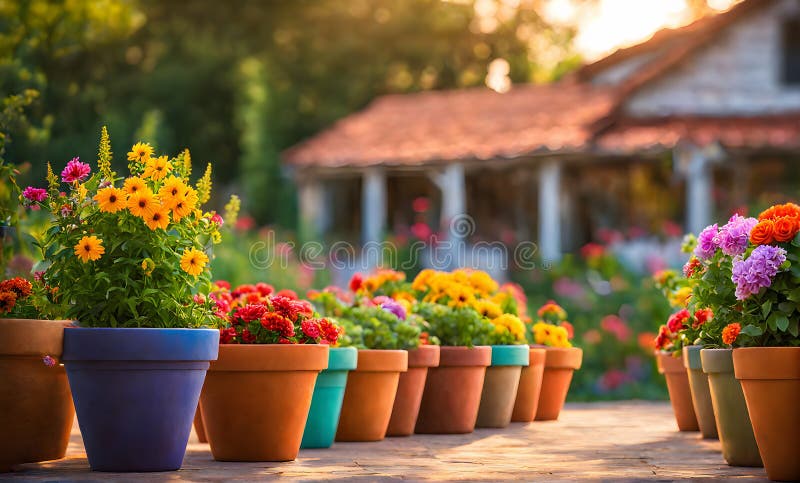 Una serie di fiorini di terracotta che radunano un assortimento di fiori colorati catturati con una profondità di campo bassa illustrazione vettoriale