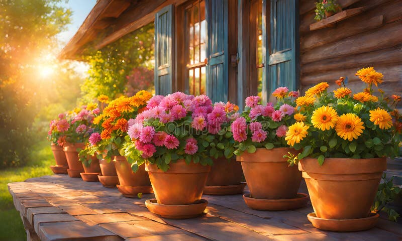 Una serie di fiorini di terracotta che radunano un assortimento di fiori colorati catturati con una profondità di campo bassa illustrazione di stock