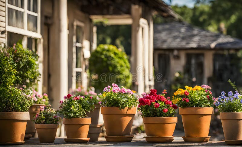 Una serie di fiorini di terracotta che radunano un assortimento di fiori colorati catturati con una profondità di campo bassa illustrazione di stock