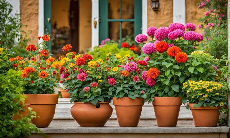 Una serie di fiorini di terracotta che radunano un assortimento di fiori colorati catturati con una profondità di campo bassa illustrazione vettoriale
