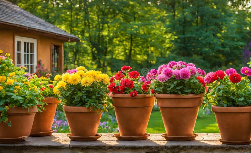 Una serie di fiorini di terracotta che radunano un assortimento di fiori colorati catturati con una profondità di campo bassa illustrazione vettoriale