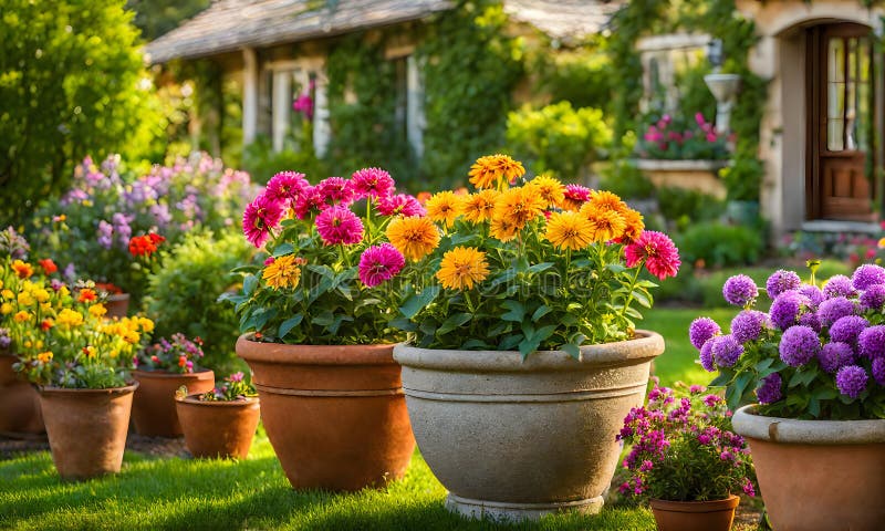 Una serie di fiorini di terracotta che radunano un assortimento di fiori colorati catturati con una profondità di campo bassa illustrazione di stock