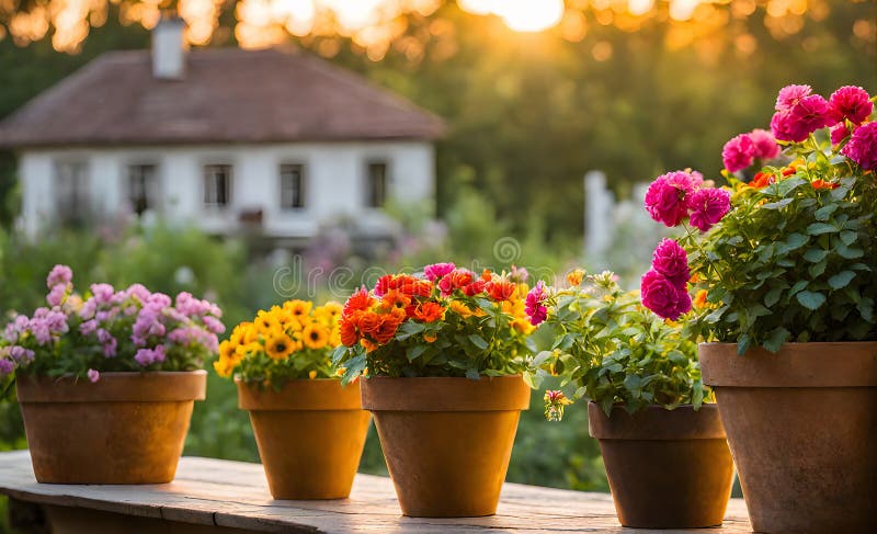 Una serie di fiorini di terracotta che radunano un assortimento di fiori colorati catturati con una profondità di campo bassa royalty illustrazione gratis