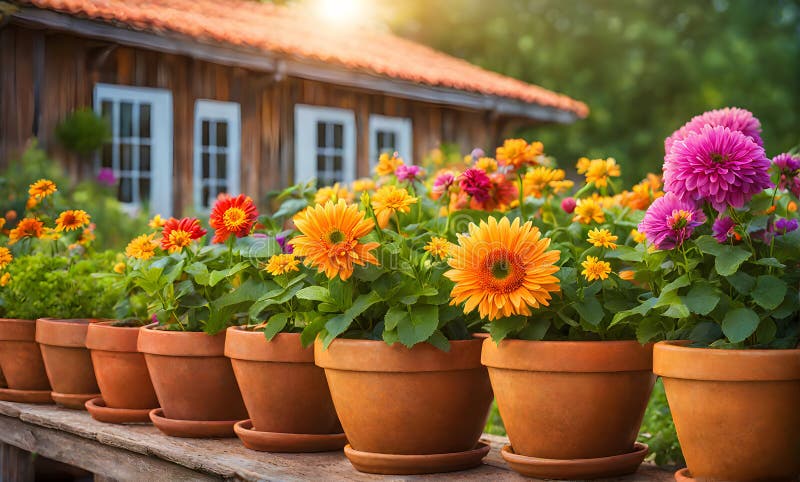Una serie di fiorini di terracotta che radunano un assortimento di fiori colorati catturati con una profondità di campo bassa illustrazione di stock