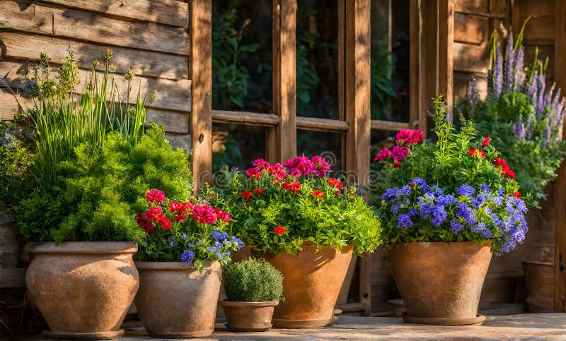 Una serie di fiorini di terracotta che radunano un assortimento di fiori colorati catturati con una profondità di campo bassa illustrazione vettoriale