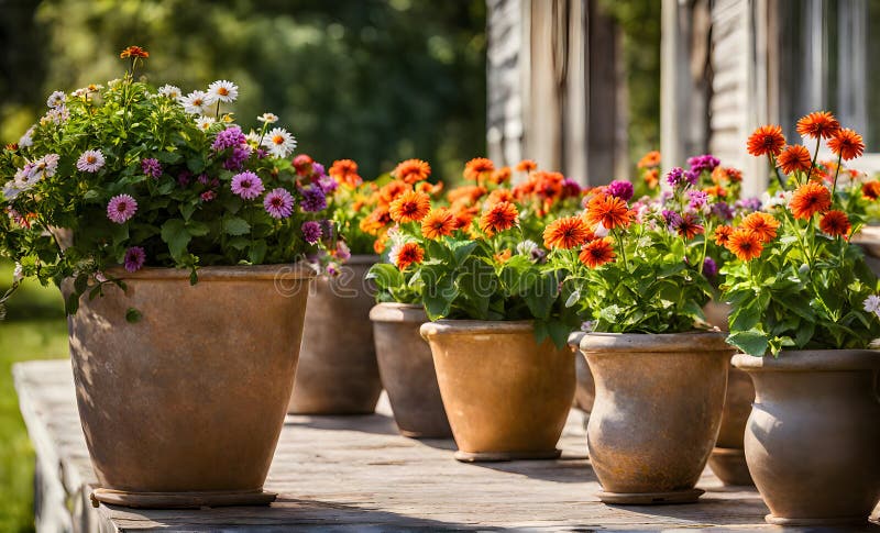 Una serie di fiorini di terracotta che radunano un assortimento di fiori colorati catturati con una profondità di campo bassa royalty illustrazione gratis