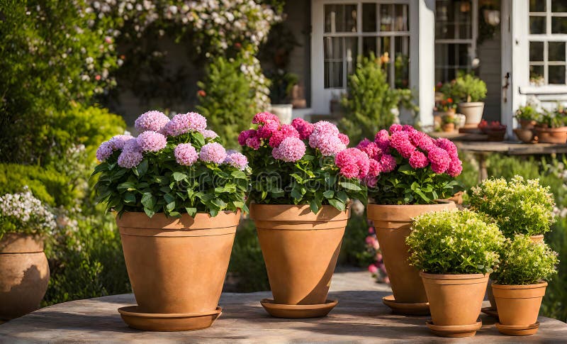 Una serie di fiorini di terracotta che radunano un assortimento di fiori colorati catturati con una profondità di campo bassa illustrazione vettoriale