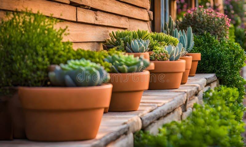 Una serie di fiorini di terracotta che radunano un assortimento di fiori colorati catturati con una profondità di campo bassa illustrazione vettoriale
