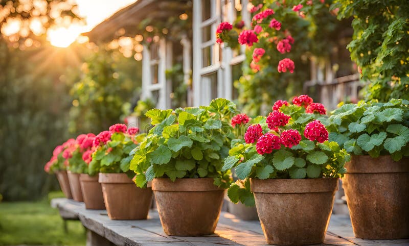 Una serie di fiorini di terracotta che radunano un assortimento di fiori colorati catturati con una profondità di campo bassa illustrazione vettoriale