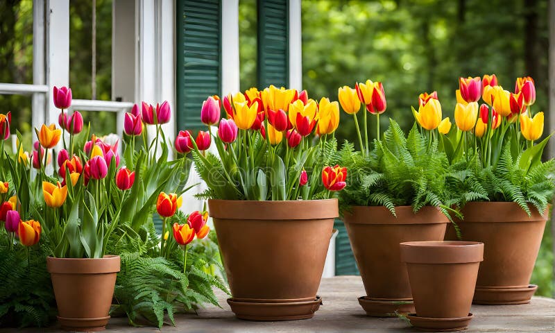 Una serie di fiorini di terracotta che radunano un assortimento di fiori colorati catturati con una profondità di campo bassa illustrazione di stock