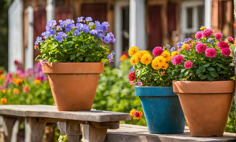 Una serie di fiorini di terracotta che radunano un assortimento di fiori colorati catturati con una profondità di campo bassa royalty illustrazione gratis