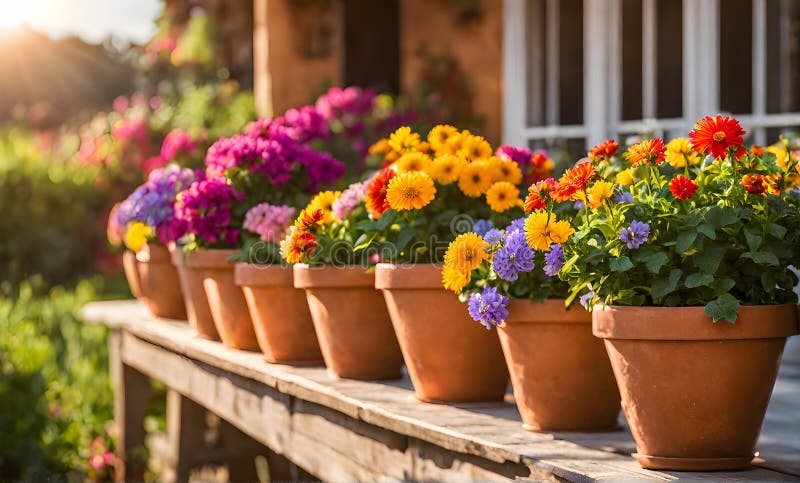 Una serie di fiorini di terracotta che radunano un assortimento di fiori colorati catturati con una profondità di campo bassa illustrazione di stock