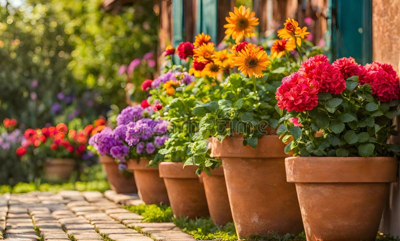 Una serie di fiorini di terracotta che radunano un assortimento di fiori colorati catturati con una profondità di campo bassa illustrazione vettoriale