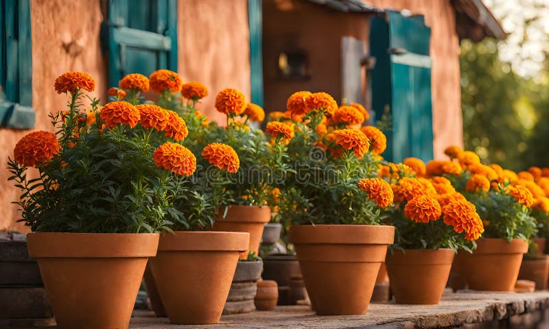 Una serie di fiorini di terracotta che radunano un assortimento di fiori colorati catturati con una profondità di campo bassa royalty illustrazione gratis