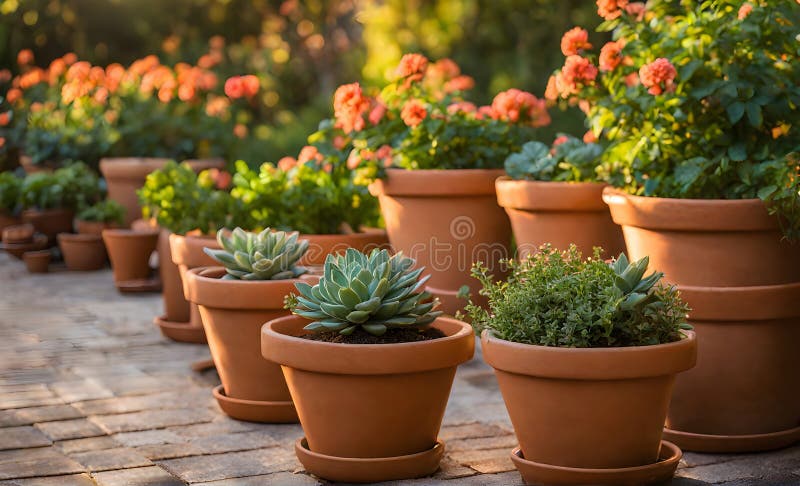 Una serie di fiorini di terracotta che radunano un assortimento di fiori colorati catturati con una profondità di campo bassa illustrazione vettoriale