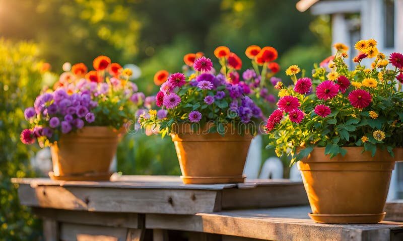 Una serie di fiorini di terracotta che radunano un assortimento di fiori colorati catturati con una profondità di campo bassa illustrazione vettoriale