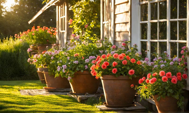 Una serie di fiorini di terracotta che radunano un assortimento di fiori colorati catturati con una profondità di campo bassa illustrazione vettoriale