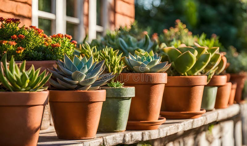 Una serie di fiorini di terracotta che radunano un assortimento di fiori colorati catturati con una profondità di campo bassa illustrazione vettoriale