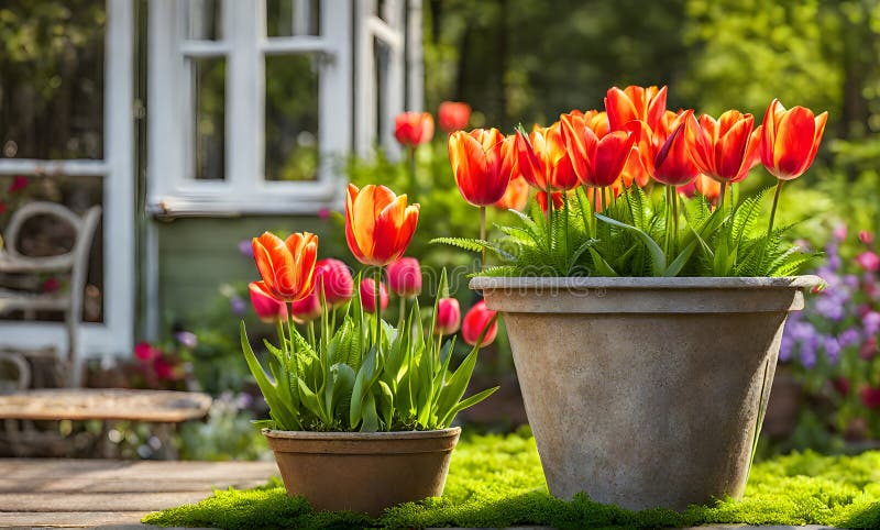 Una serie di fiorini di terracotta che radunano un assortimento di fiori colorati catturati con una profondità di campo bassa royalty illustrazione gratis