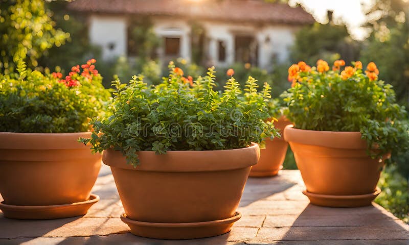 Una serie di fiorini di terracotta che radunano un assortimento di fiori colorati catturati con una profondità di campo bassa illustrazione di stock