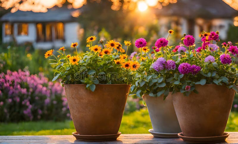 Una serie di fiorini di terracotta che radunano un assortimento di fiori colorati catturati con una profondità di campo bassa illustrazione vettoriale