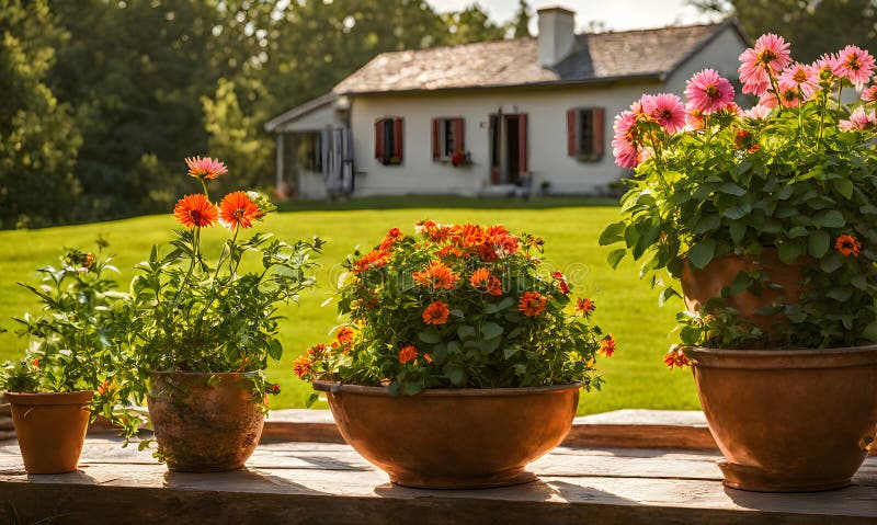 Una serie di fiorini di terracotta che radunano un assortimento di fiori colorati catturati con una profondità di campo bassa royalty illustrazione gratis