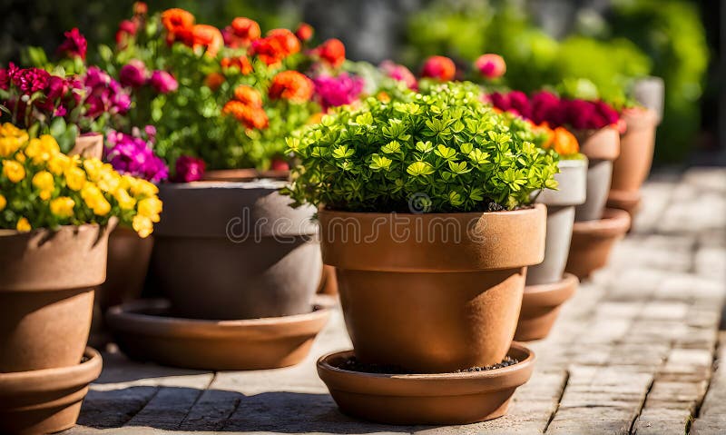 Una serie di fiorini di terracotta che radunano un assortimento di fiori colorati catturati con una profondità di campo bassa illustrazione vettoriale