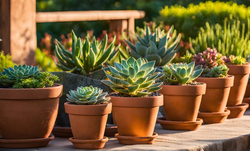 Una serie di fiorini di terracotta che radunano un assortimento di fiori colorati catturati con una profondità di campo bassa illustrazione vettoriale