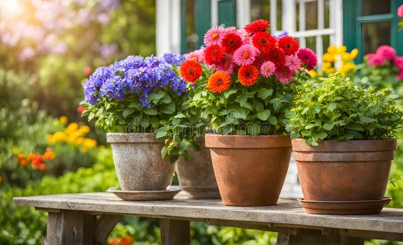 Una serie di fiorini di terracotta che radunano un assortimento di fiori colorati catturati con una profondità di campo bassa illustrazione vettoriale