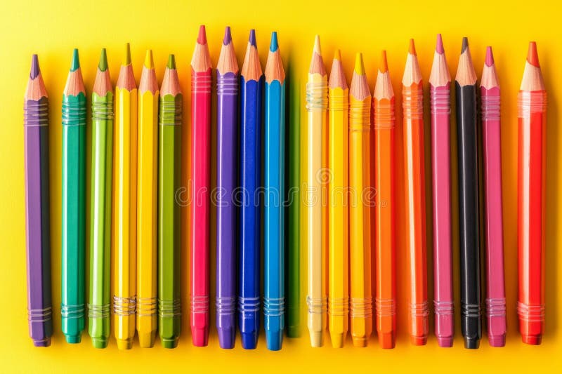 Una serie di matite e marcatori colorati in modo luminoso è visualizzata in un quadro arcobaleno perfettamente disposto su un gial immagine stock