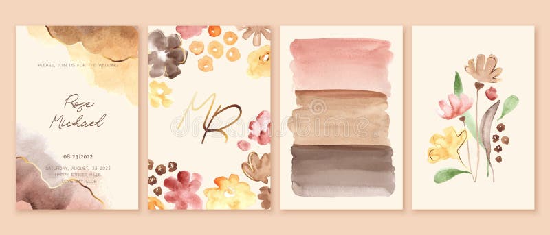 Una serie elegante di stampe romantiche per matrimoni comprende gli inviti con sfumature di fiori gialli di colore rosa.. illustrazione vettoriale