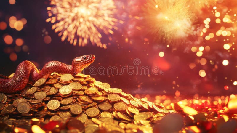 Una serpiente roja descansando sobre un montón de monedas de oro con fuegos artificiales al fondo. imagen generada por ai