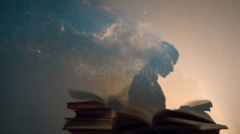 Una silueta de una persona leyendo un libro es superpuesta sobre un cósmico ilustración del vector