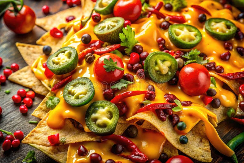 Una sinfonía surrealista de nachos picantes salsas vibrantes pimientos y pimienta bailando en un escenario de ensueño a ilustración del vector