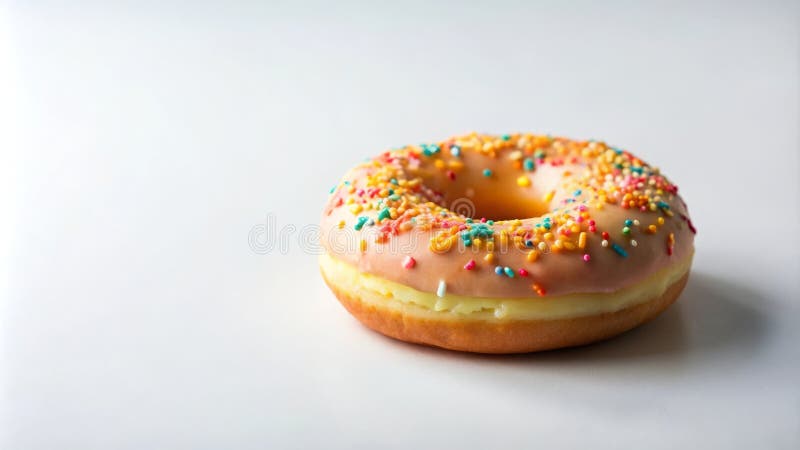 Una sola ciambella deliziosa con una glassa rosa di pastello e spruzzate colorate sedute su uno sfondo bianco chiaro. Generative A royalty illustrazione gratis