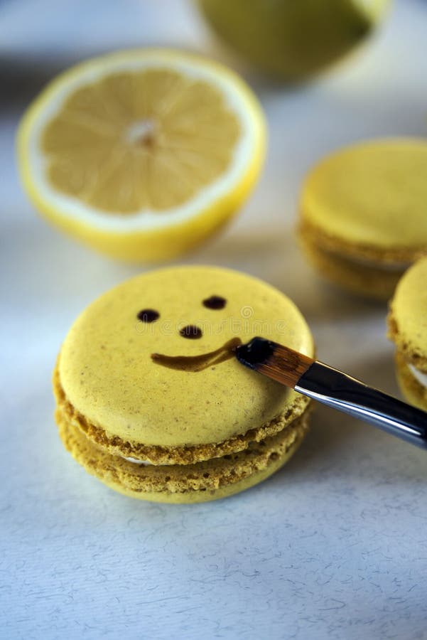 Una sonrisa hermosa en una galleta, pint? con una borla galletas amarillas de la Lim?n-almendra - un postre franc?s delicioso imagen de archivo Una sonrisa hermosa en una galleta, pint? con una borla galletas amarillas de la Lim?n-almendra - un postre franc?s delicioso imagen de archivo