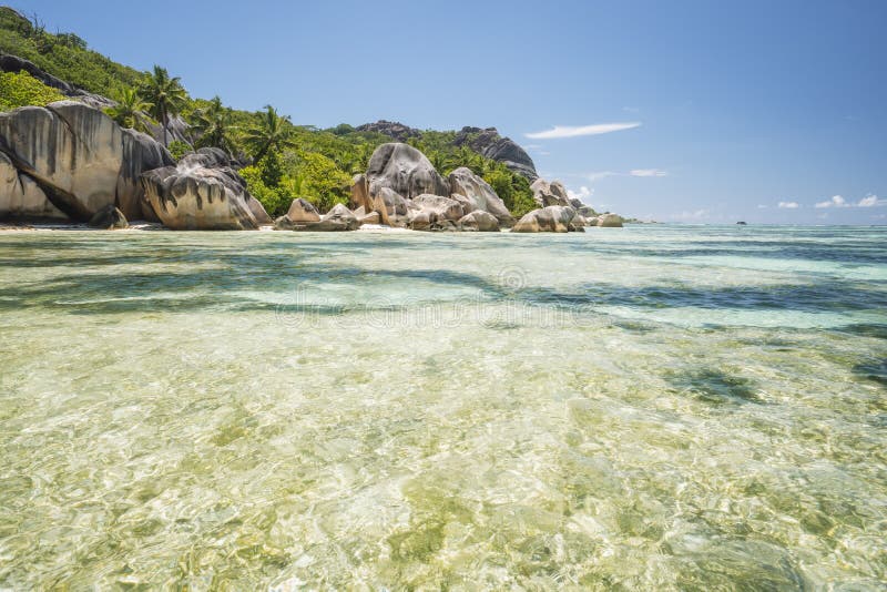 Anse Source d&#x27;Argent - exotic paradise beach with granite boulders on island La Digue at Seychelles. Anse Source d&#x27;Argent - exotic paradise beach with granite boulders on island La Digue at Seychelles.