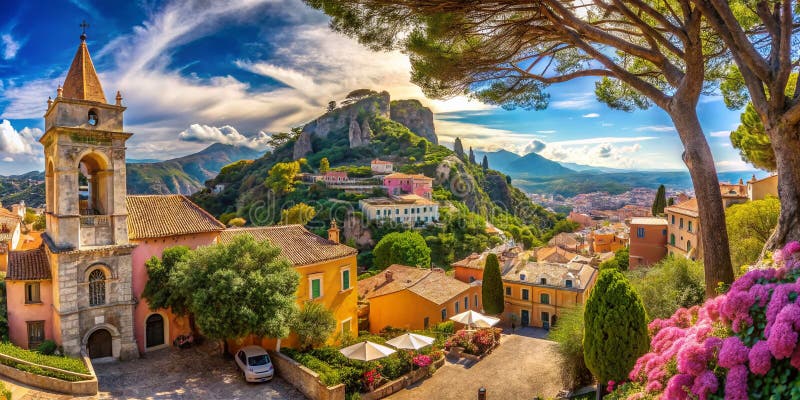 Una sorprendente panorama panoramico del diciassettesimo secolo magi di taormina svelando malamente i tesori artistici di chiesa d illustrazione vettoriale